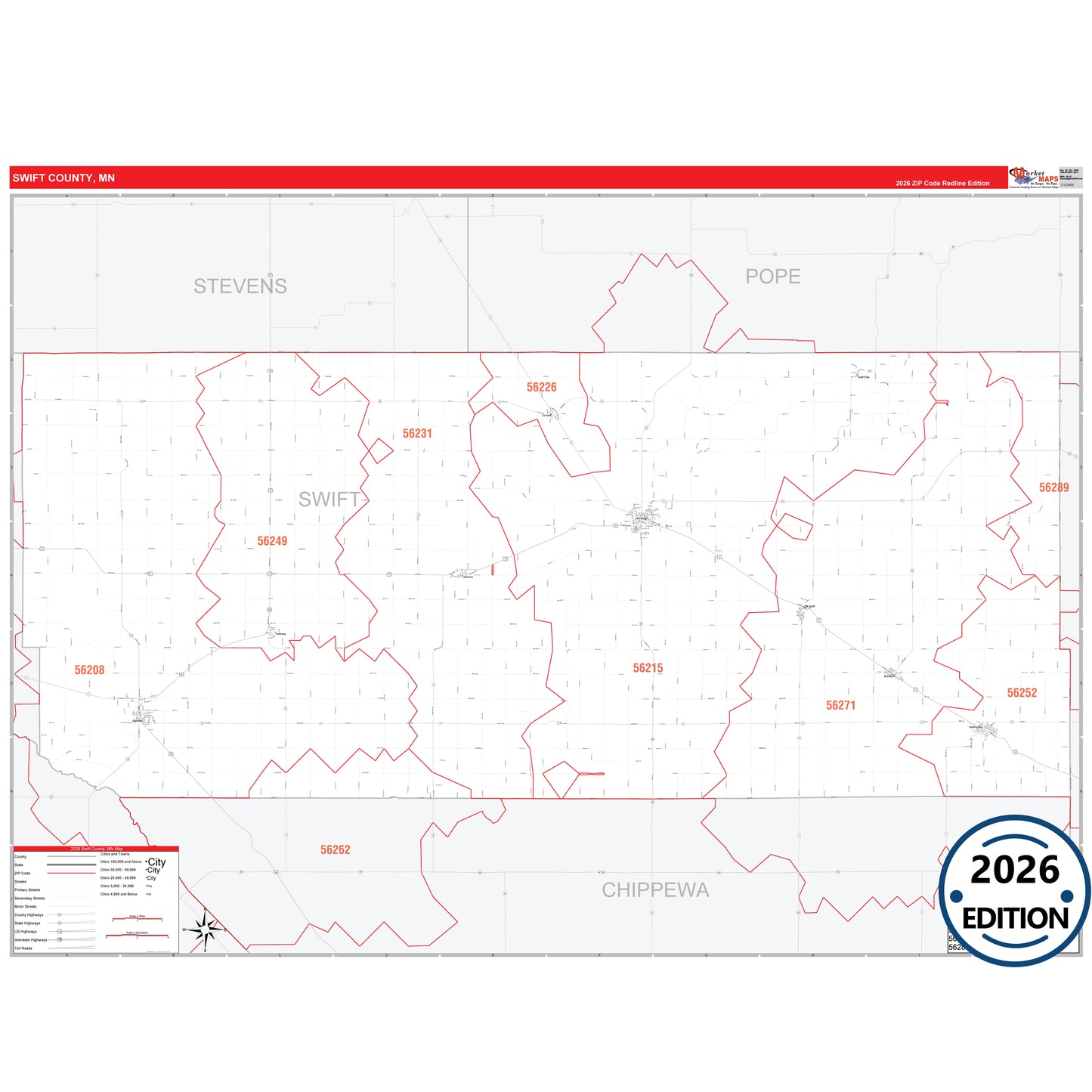 Swift County, MN Red Line 5 Digit ZIP Code Wall Map