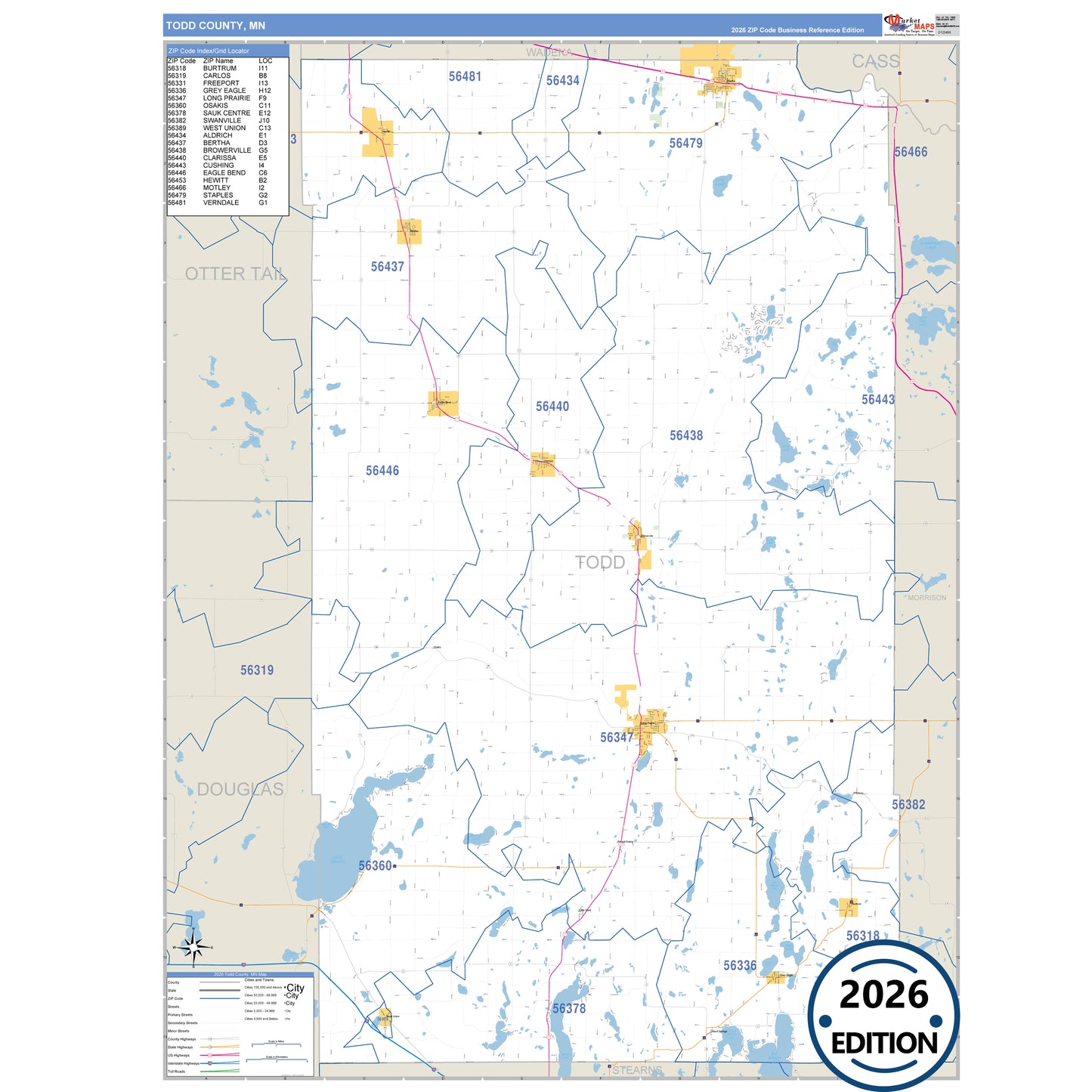 Todd County, MN Business Reference 5 Digit ZIP Code Wall Map