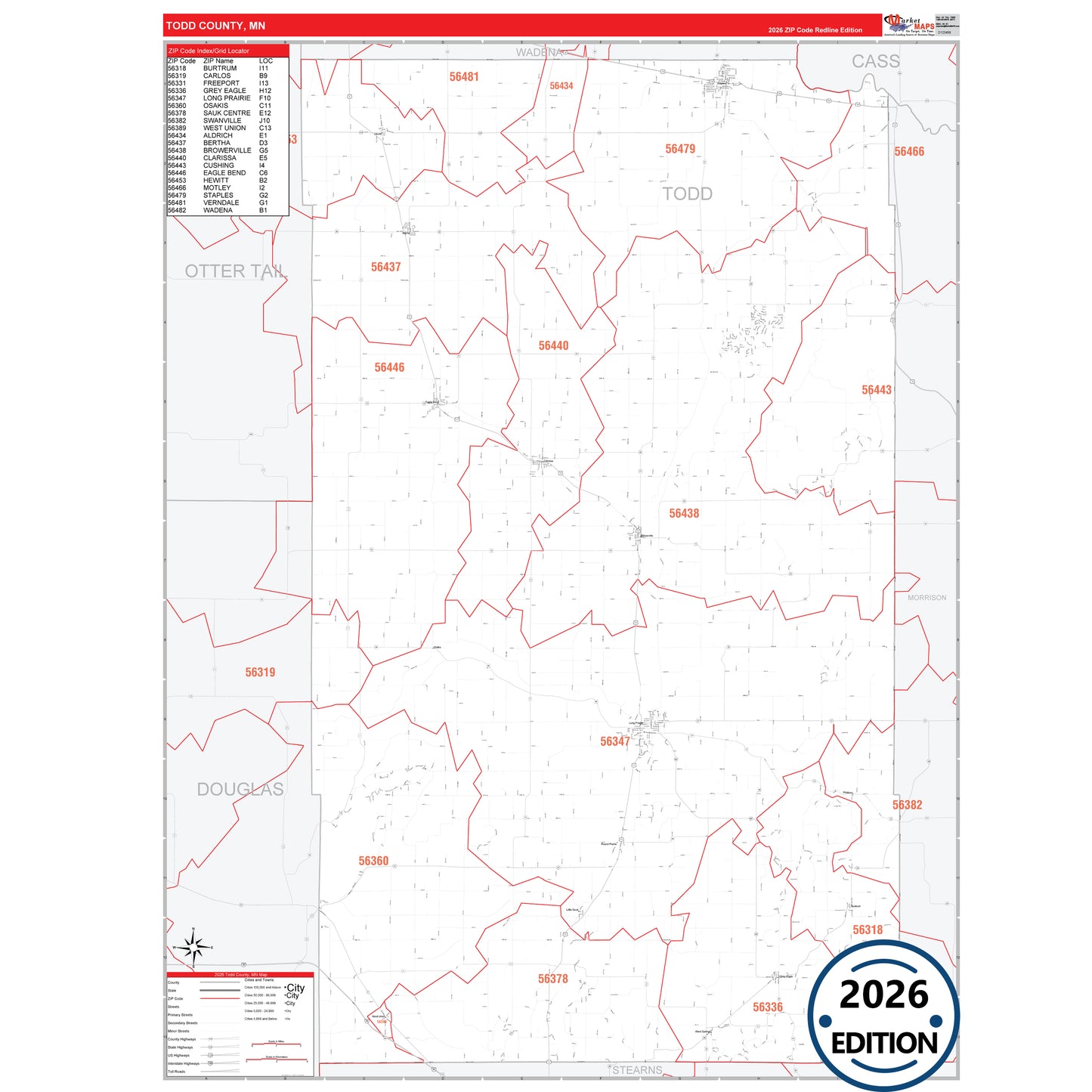 Todd County, MN Red Line map with detailed roads, cities, and ZIP code boundaries.
