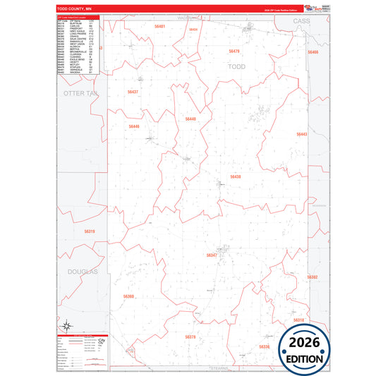 Todd County, MN Red Line 5 Digit ZIP Code Wall Map