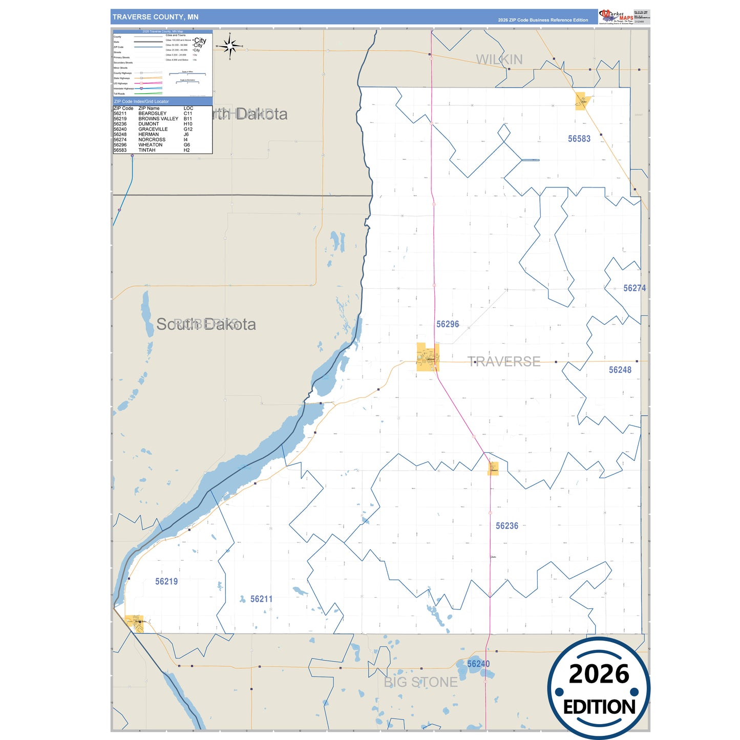 Traverse County, MN Business Reference 5 Digit ZIP Code Wall Map