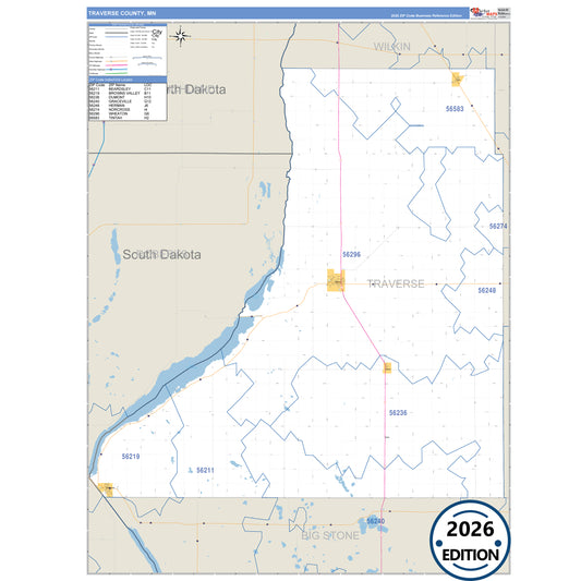 Traverse County, MN Business Reference 5 Digit ZIP Code Wall Map