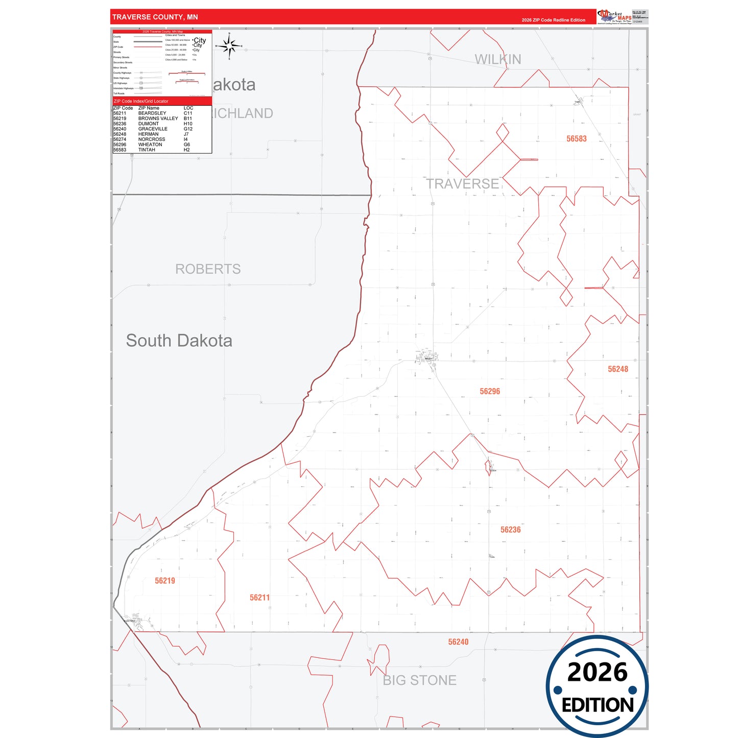 Traverse County, MN Red Line map with detailed roads, cities, and ZIP code boundaries.