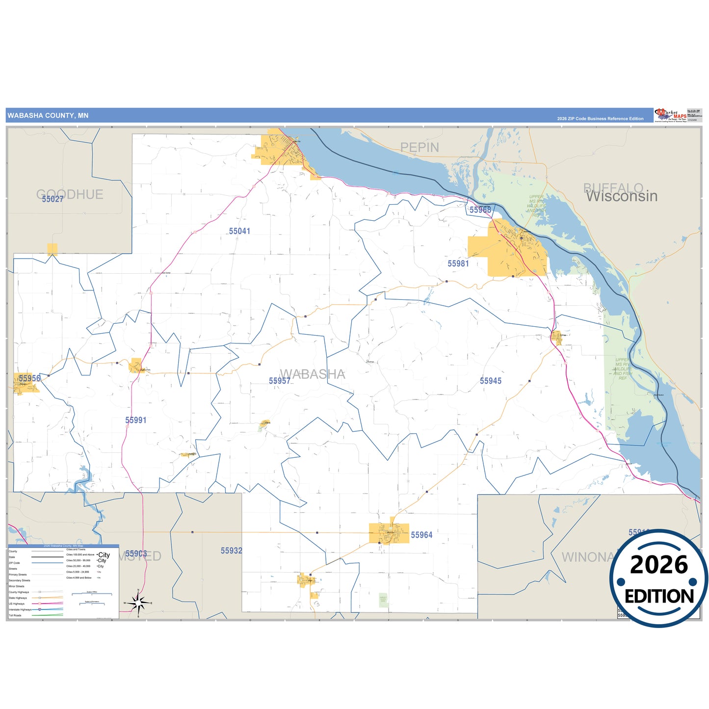 Wabasha County, MN Business Reference 5 Digit ZIP Code Wall Map