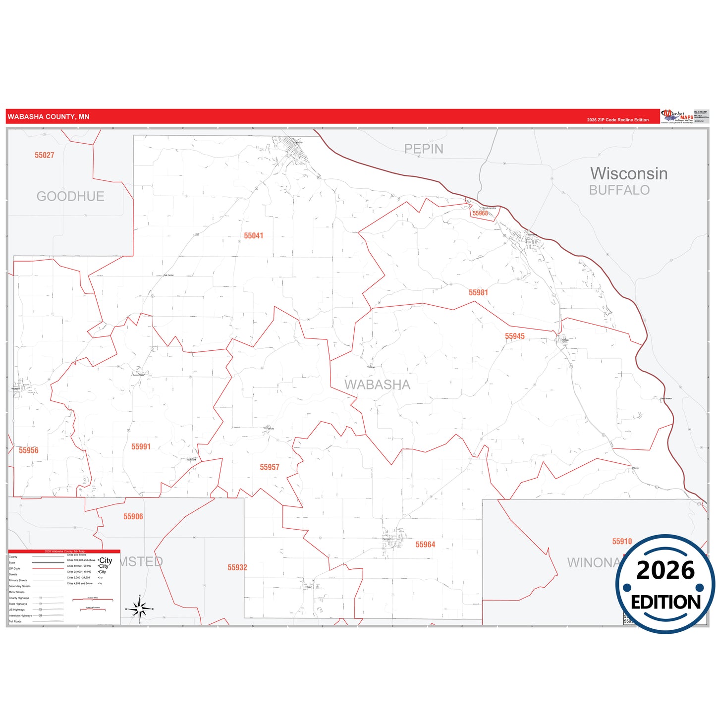 Wabasha County, MN Red Line 5 Digit ZIP Code Wall Map