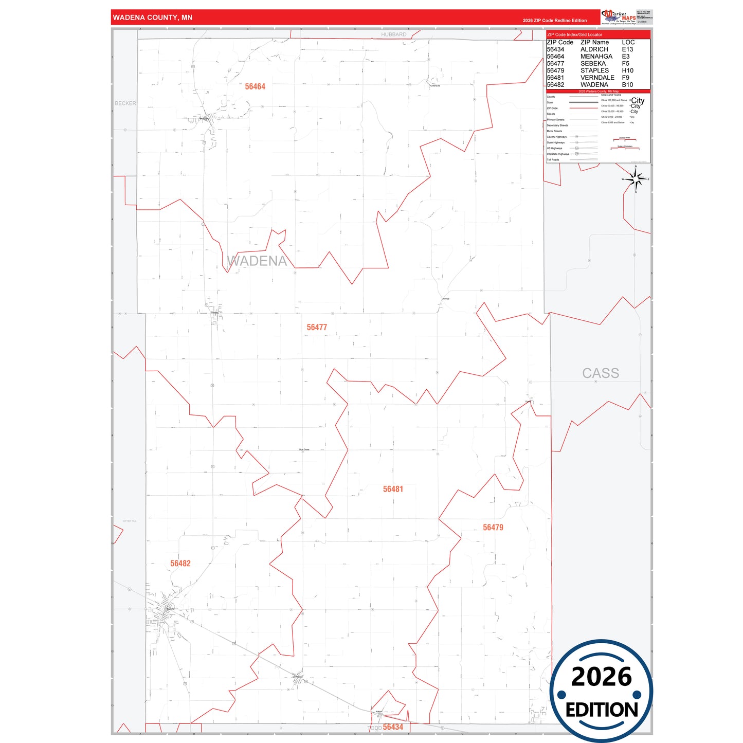 Wadena County, MN Red Line 5 Digit ZIP Code Wall Map