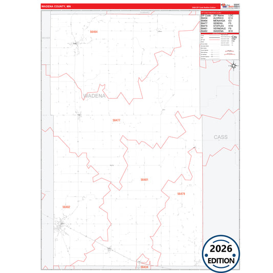 Wadena County, MN Red Line 5 Digit ZIP Code Wall Map