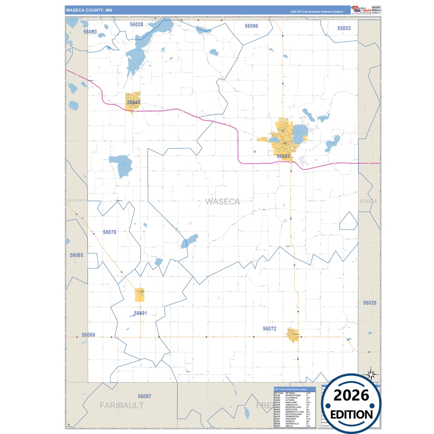 Waseca County, MN Business Reference 5 Digit ZIP Code Wall Map