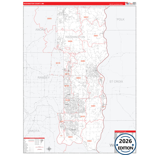 Washington County, MN Red Line 5 Digit ZIP Code Wall Map