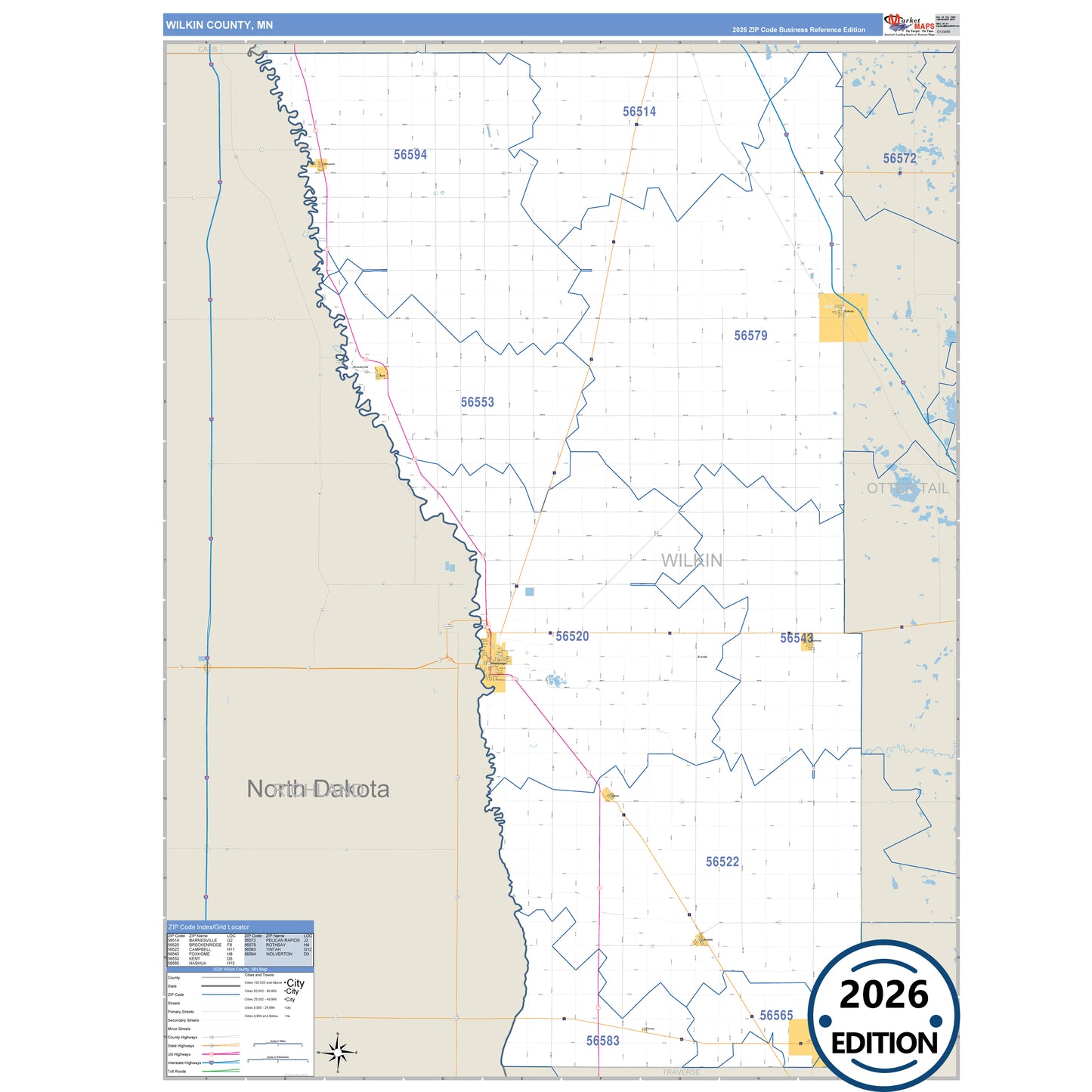 Wilkin County, MN Business Reference 5 Digit ZIP Code Wall Map