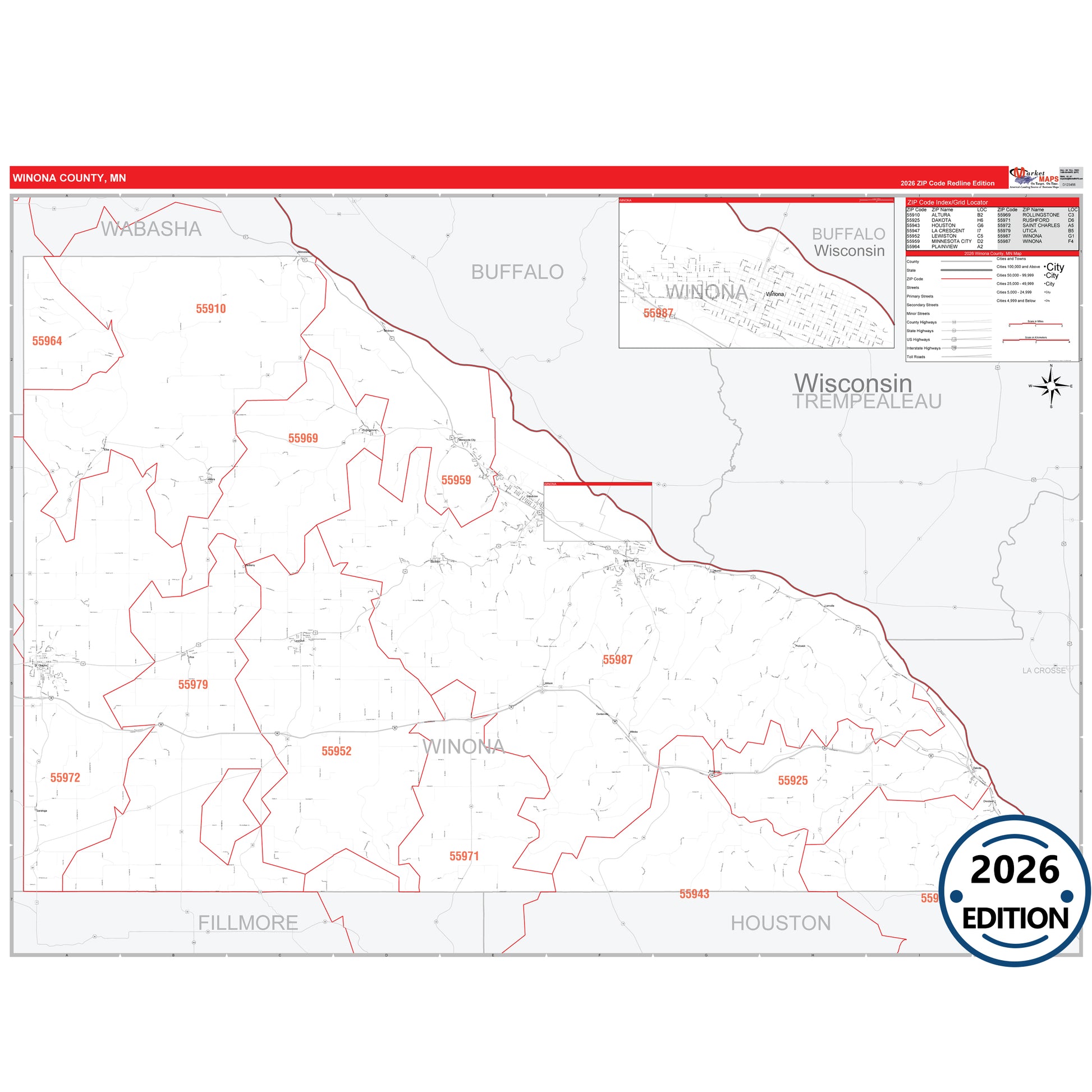 Winona County, MN Red Line map with detailed roads, cities, and ZIP code boundaries.