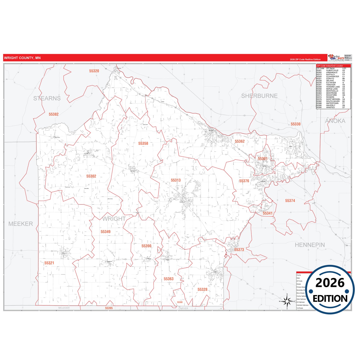 Wright County, MN Red Line map with detailed roads, cities, and ZIP code boundaries.