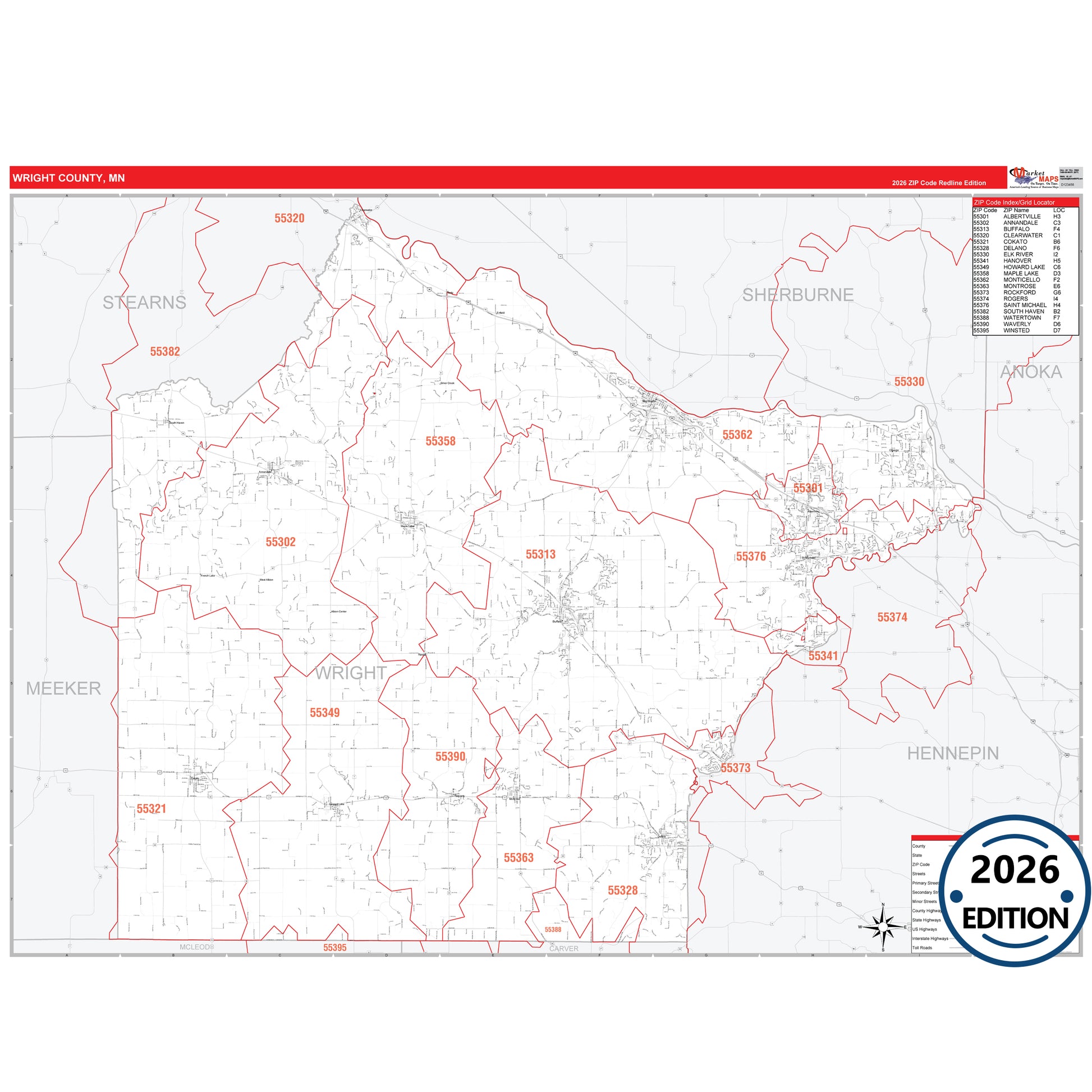 Wright County, MN Red Line map with detailed roads, cities, and ZIP code boundaries.