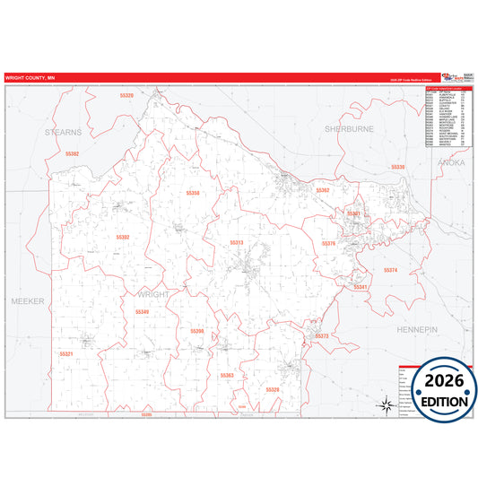 Wright County, MN Red Line map with detailed roads, cities, and ZIP code boundaries.