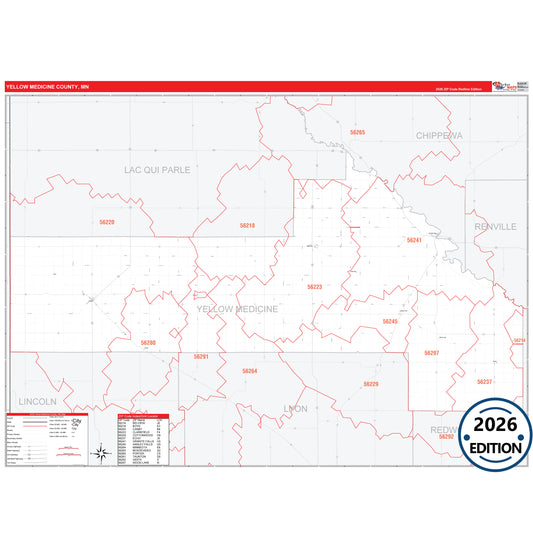 Yellow Medicine County, MN Red Line 5 Digit ZIP Code Wall Map