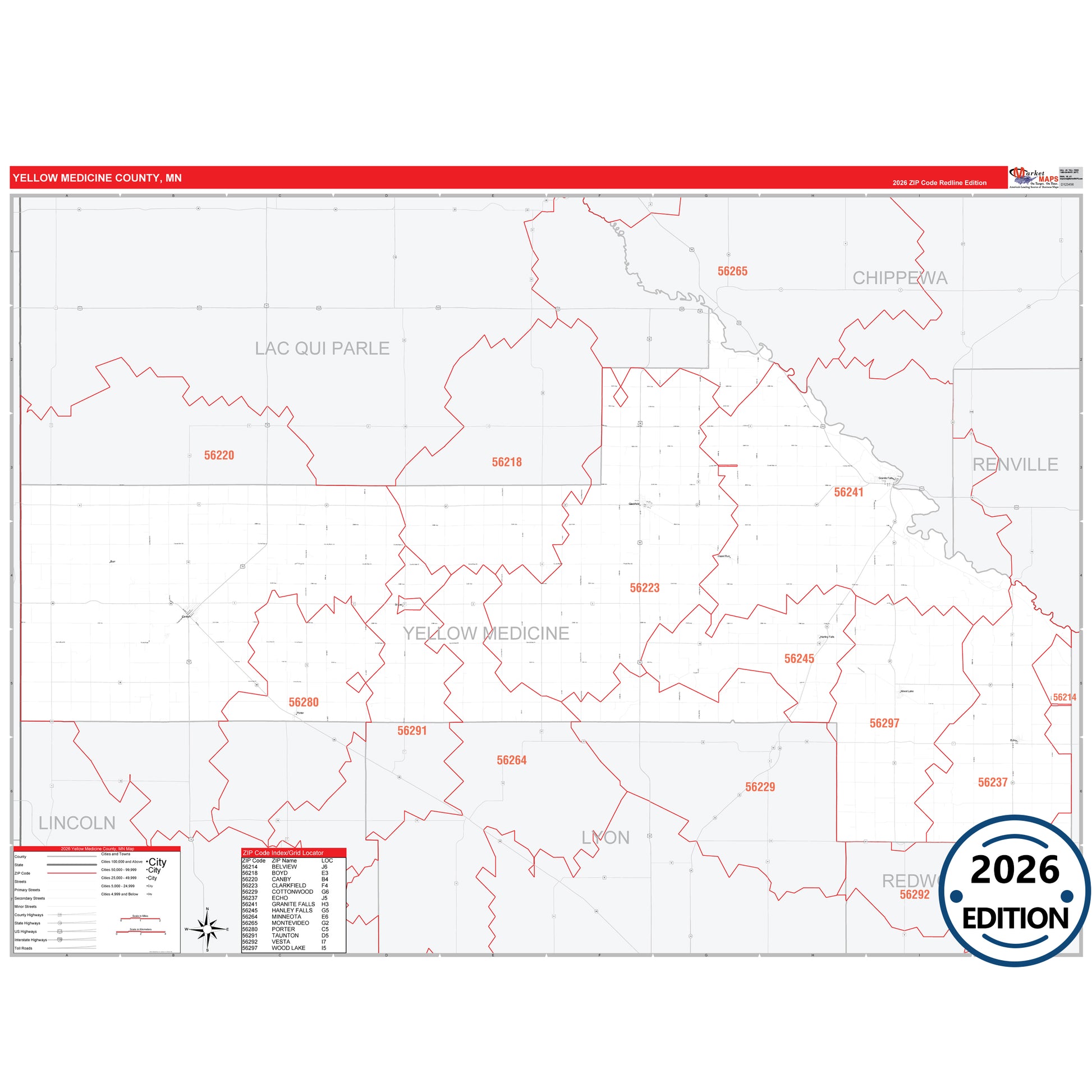 Yellow Medicine County, MN Red Line map with detailed roads, cities, and ZIP code boundaries.