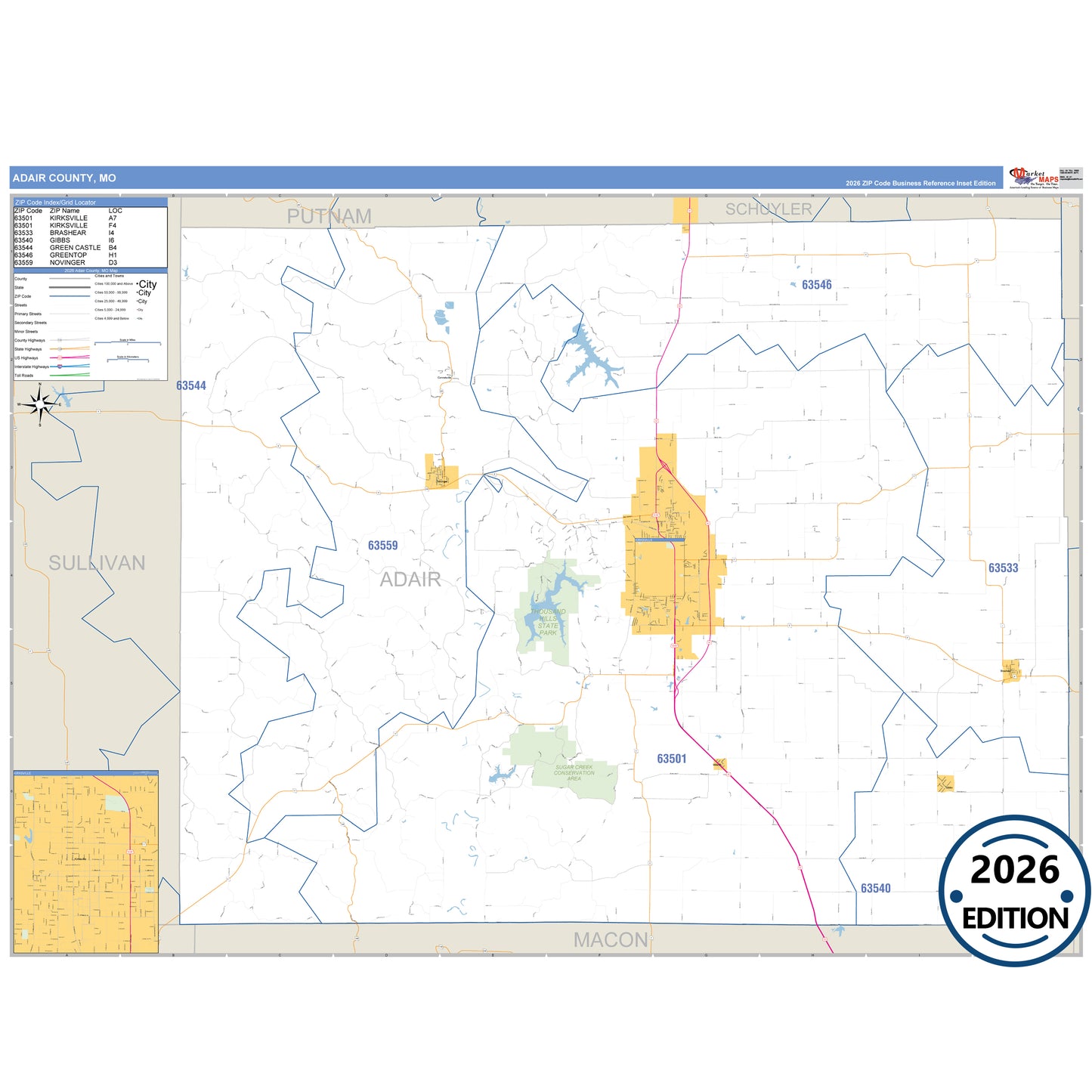 Adair County, MO Business Reference 5 Digit ZIP Code Wall Map