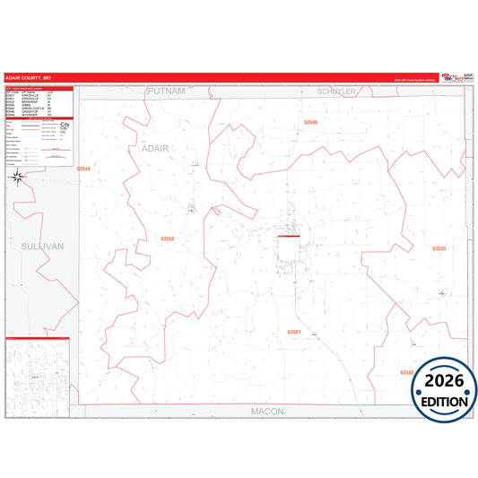 Adair County, MO Red Line 5 Digit ZIP Code Wall Map