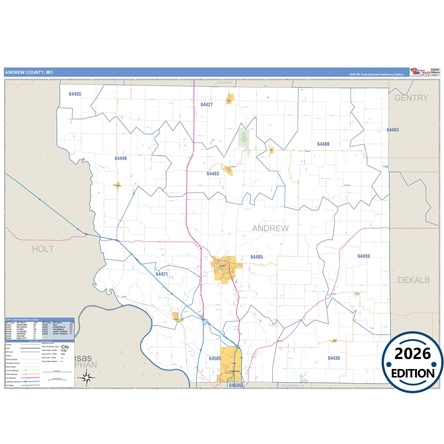 Andrew County, MO Business Reference 5 Digit ZIP Code Wall Map