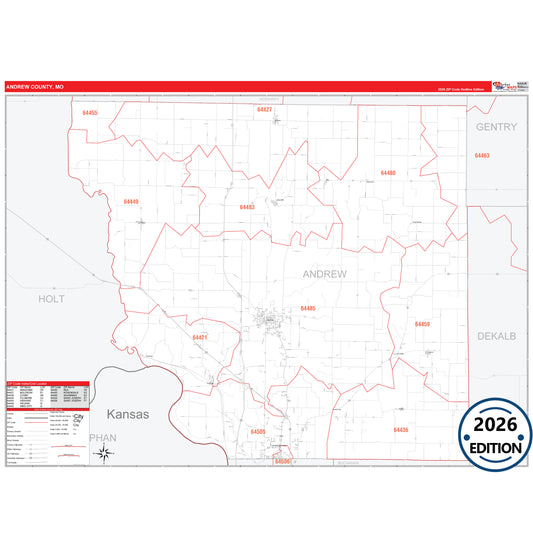 Andrew County, MO Red Line 5 Digit ZIP Code Wall Map