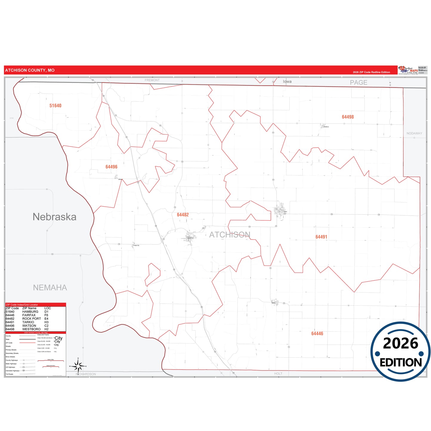 Atchison County, MO Red Line 5 Digit ZIP Code Wall Map