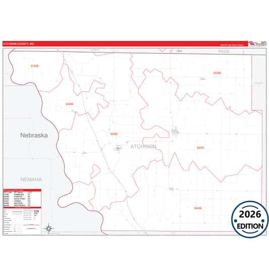 Atchison County, MO Red Line 5 Digit ZIP Code Wall Map
