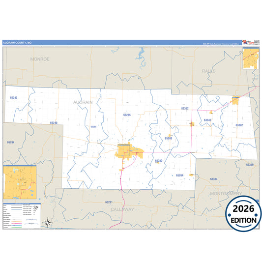 Audrain County, MO Business Reference 5 Digit ZIP Code Wall Map