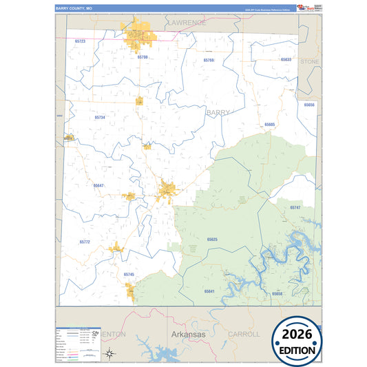 Barry County, MO Business Reference 5 Digit ZIP Code Wall Map