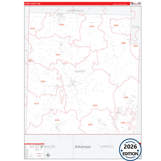 Barry County, MO Red Line 5 Digit ZIP Code Wall Map