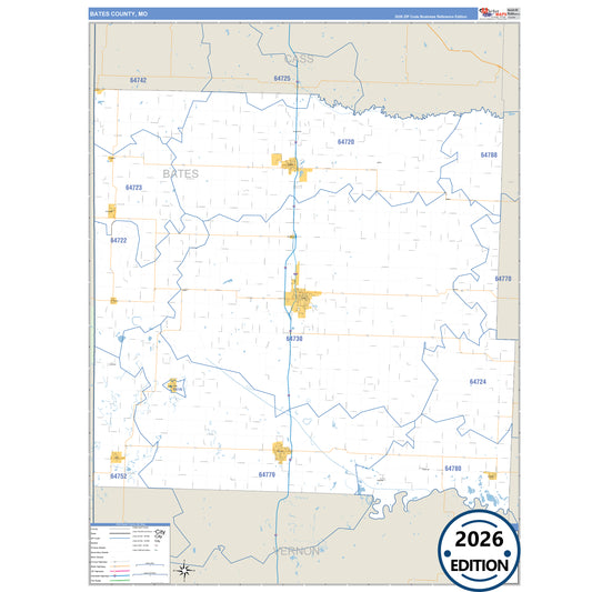 Bates County, MO Business Reference 5 Digit ZIP Code Wall Map
