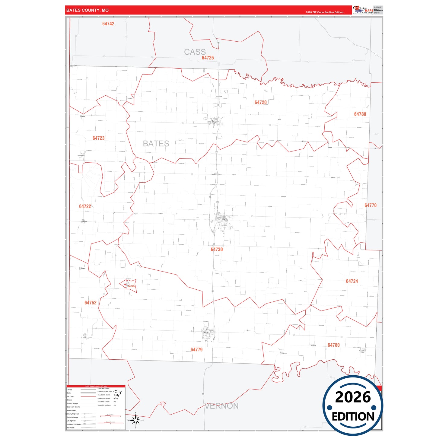 Bates County, MO Red Line 5 Digit ZIP Code Wall Map