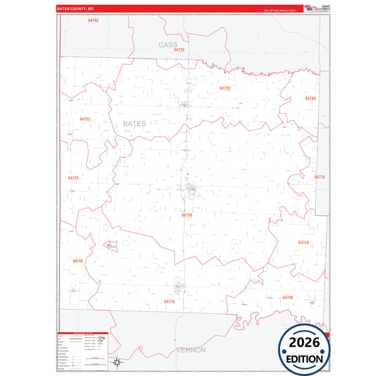 Bates County, MO Red Line 5 Digit ZIP Code Wall Map