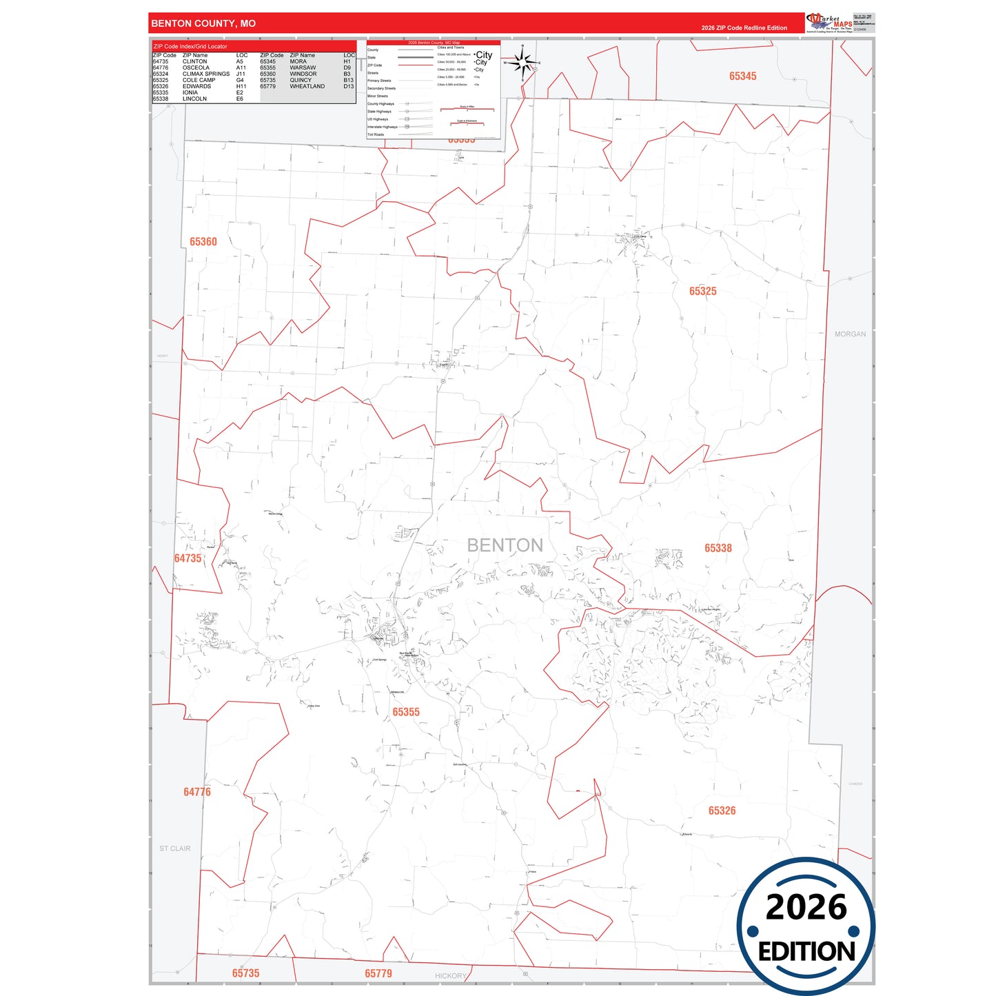 Benton County, MO Red Line 5 Digit ZIP Code Wall Map