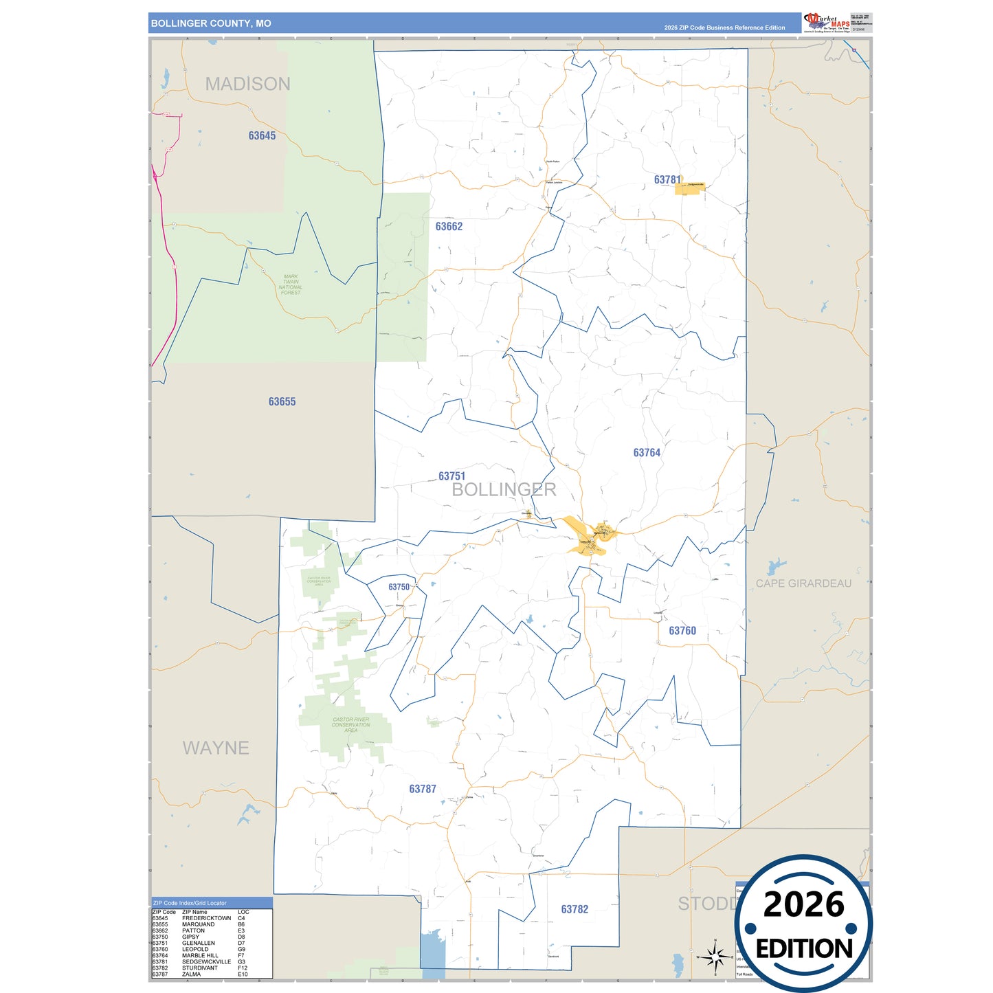 Bollinger County, MO Business Reference 5 Digit ZIP Code Wall Map