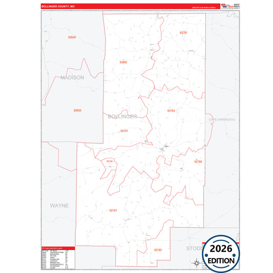 Bollinger County, MO Red Line 5 Digit ZIP Code Wall Map