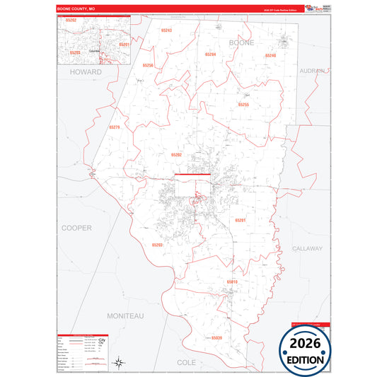 Boone County, MO Red Line 5 Digit ZIP Code Wall Map