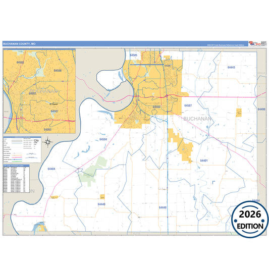 Buchanan County, MO Business Reference 5 Digit ZIP Code Wall Map