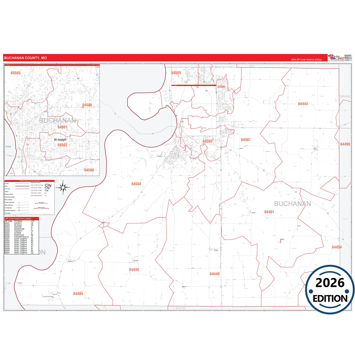 Buchanan County, MO Red Line 5 Digit ZIP Code Wall Map