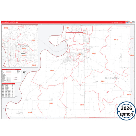 Buchanan County, MO Red Line 5 Digit ZIP Code Wall Map