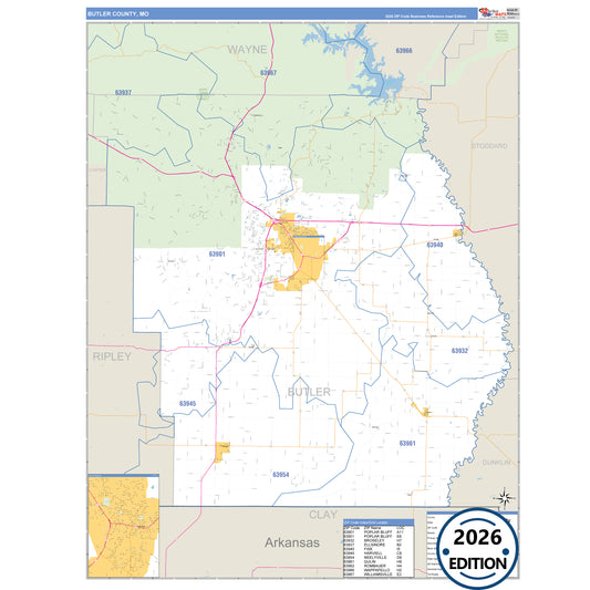 Butler County, MO Business Reference 5 Digit ZIP Code Wall Map