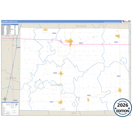 Caldwell County, MO Business Reference 5 Digit ZIP Code Wall Map