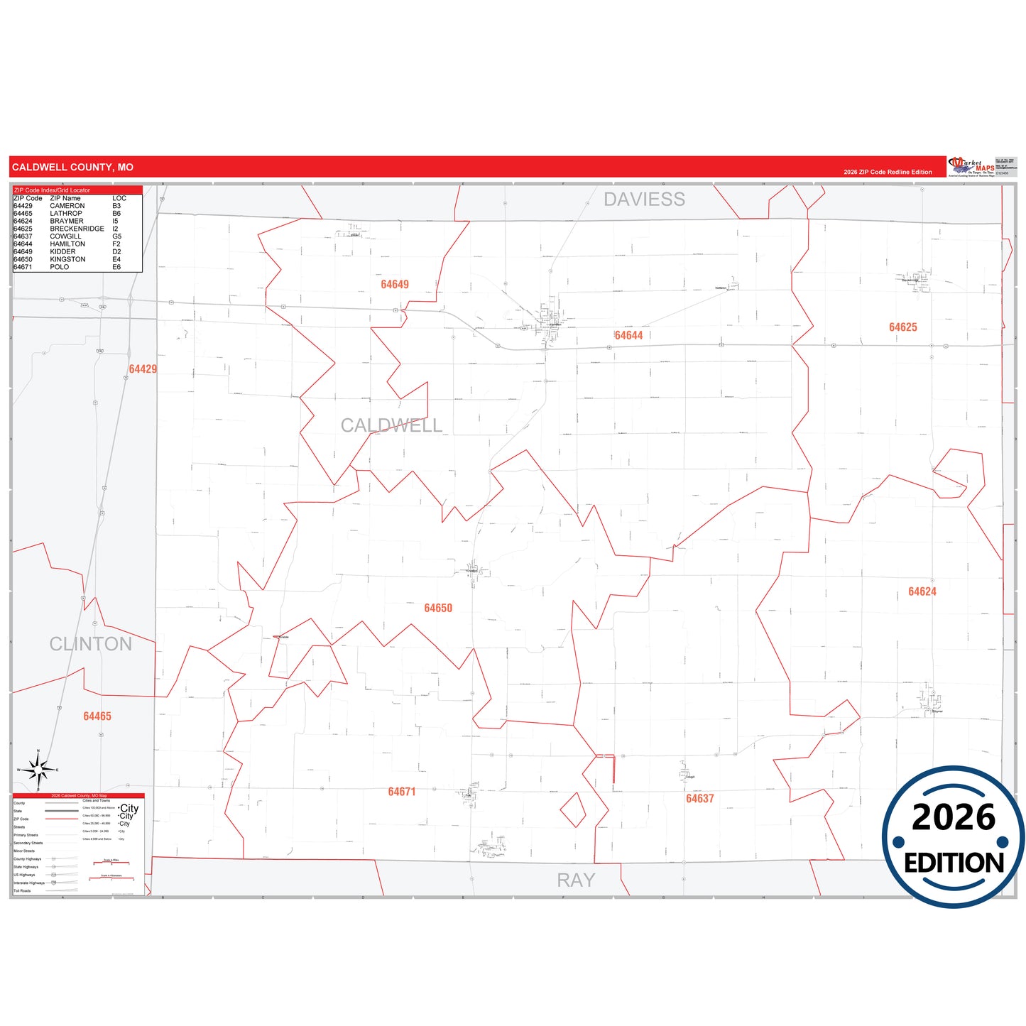 Caldwell County, MO Red Line 5 Digit ZIP Code Wall Map