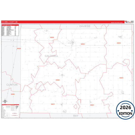 Caldwell County, MO Red Line 5 Digit ZIP Code Wall Map