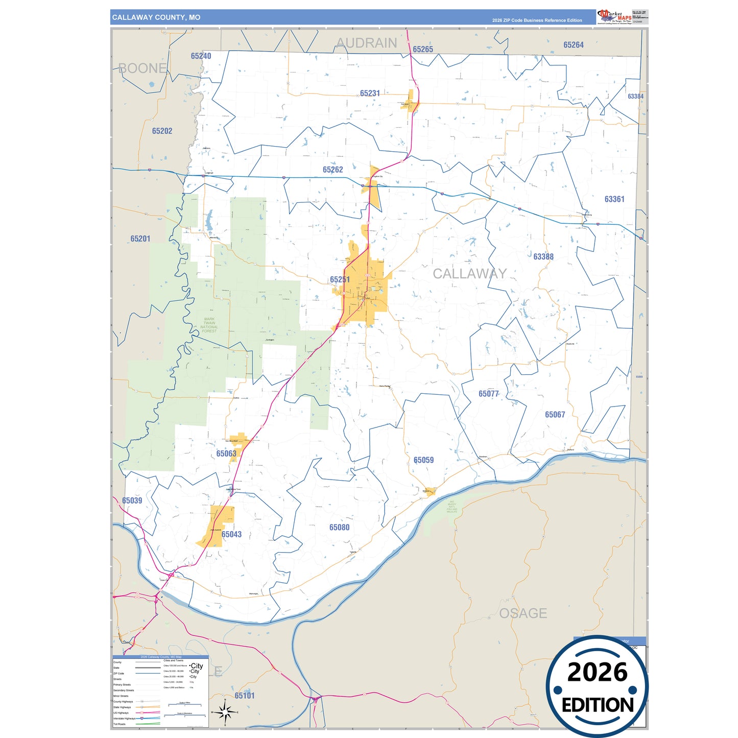 Callaway County, MO Business Reference 5 Digit ZIP Code Wall Map