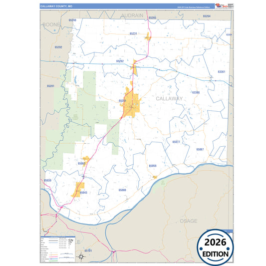Callaway County, MO Business Reference 5 Digit ZIP Code Wall Map