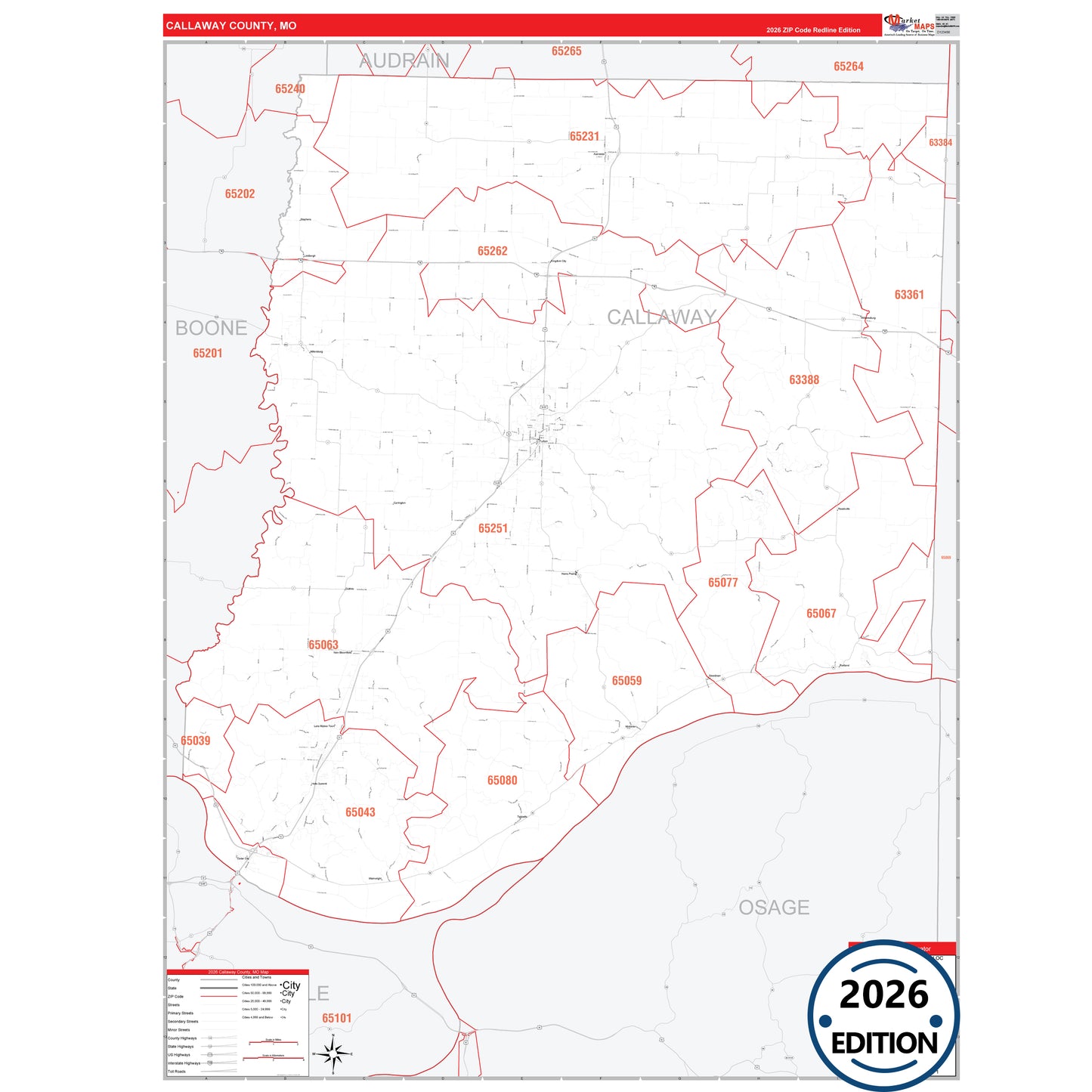 Callaway County, MO Red Line 5 Digit ZIP Code Wall Map