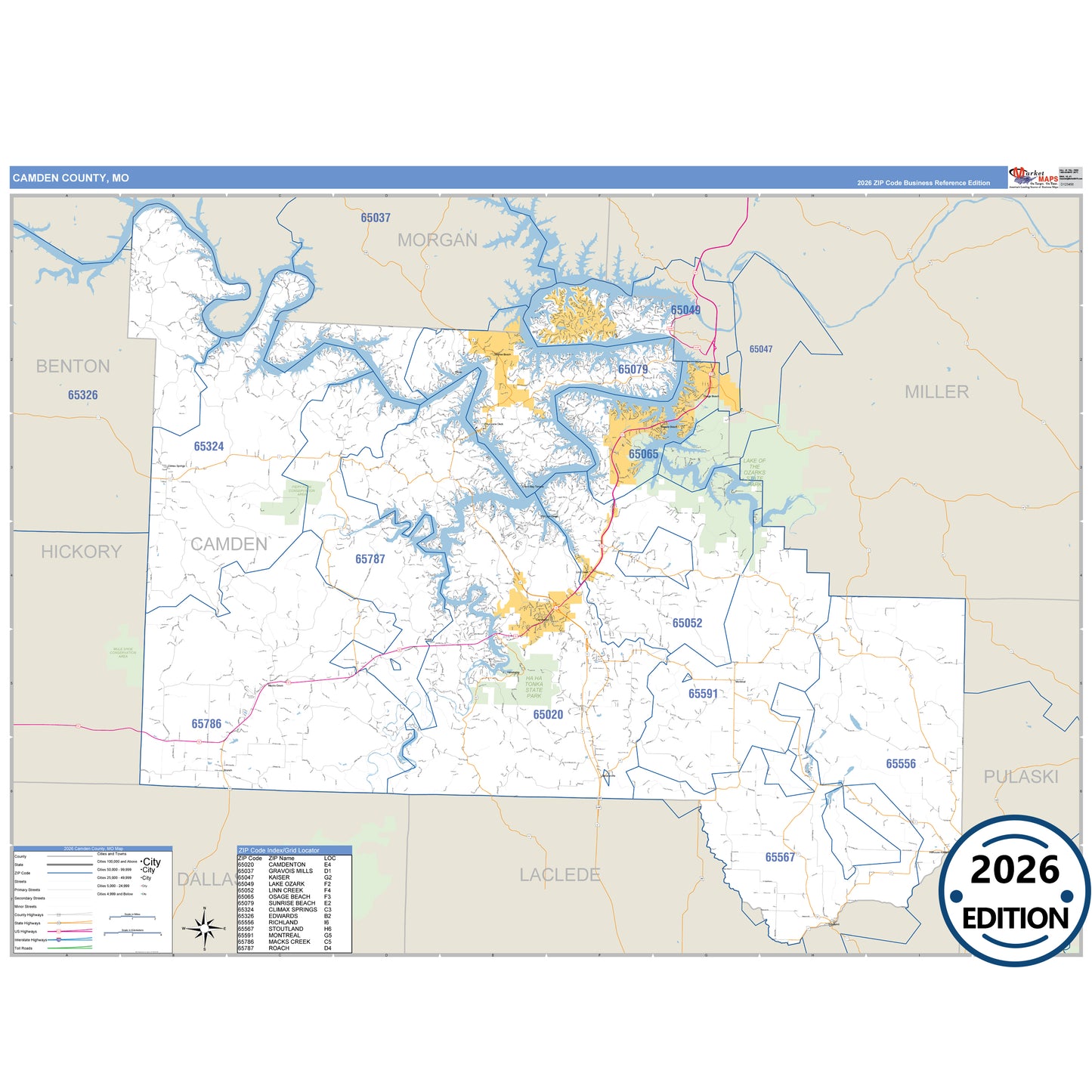 Camden County, MO Business Reference 5 Digit ZIP Code Wall Map