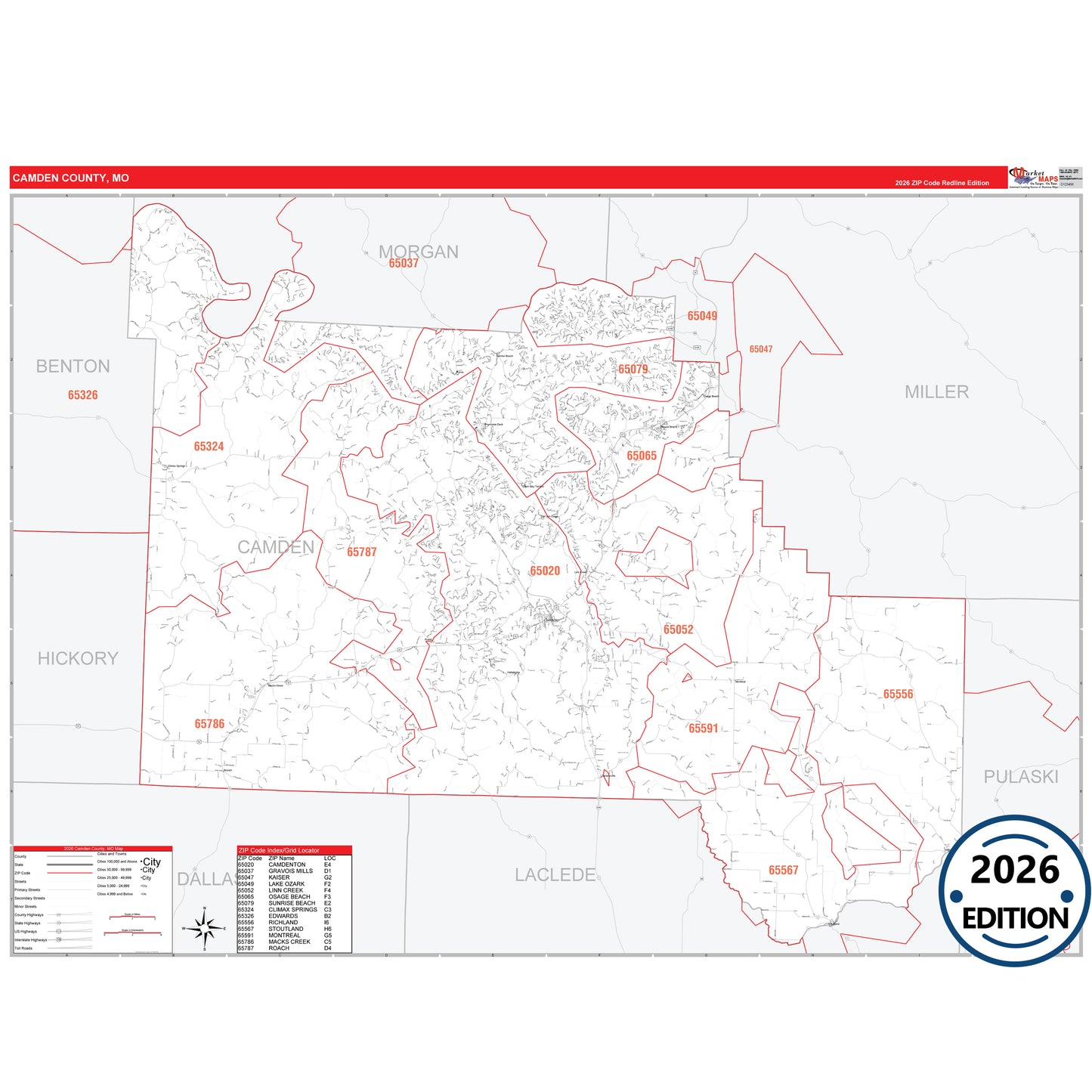 Camden County, MO Red Line map with detailed roads, cities, and ZIP code boundaries.
