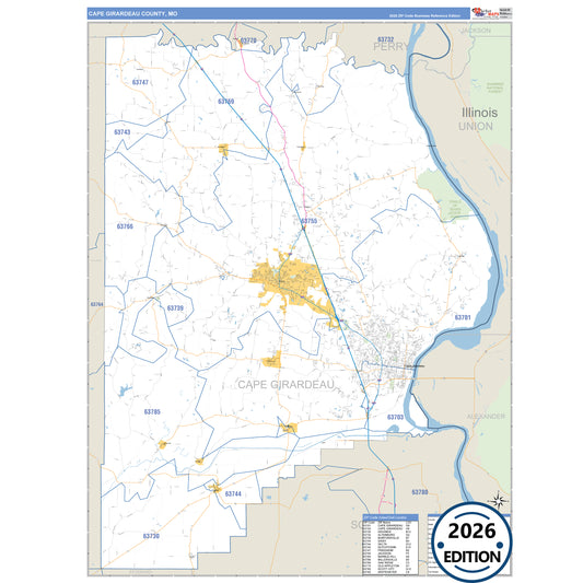 Cape Girardeau County, MO Business Reference 5 Digit ZIP Code Wall Map