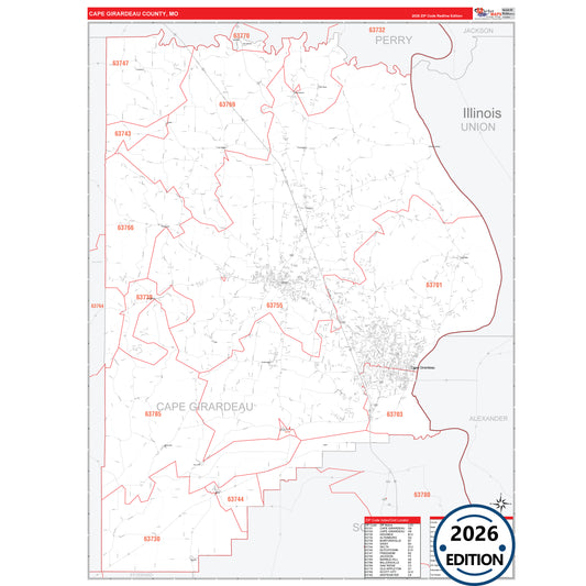 Cape Girardeau County, MO Red Line 5 Digit ZIP Code Wall Map